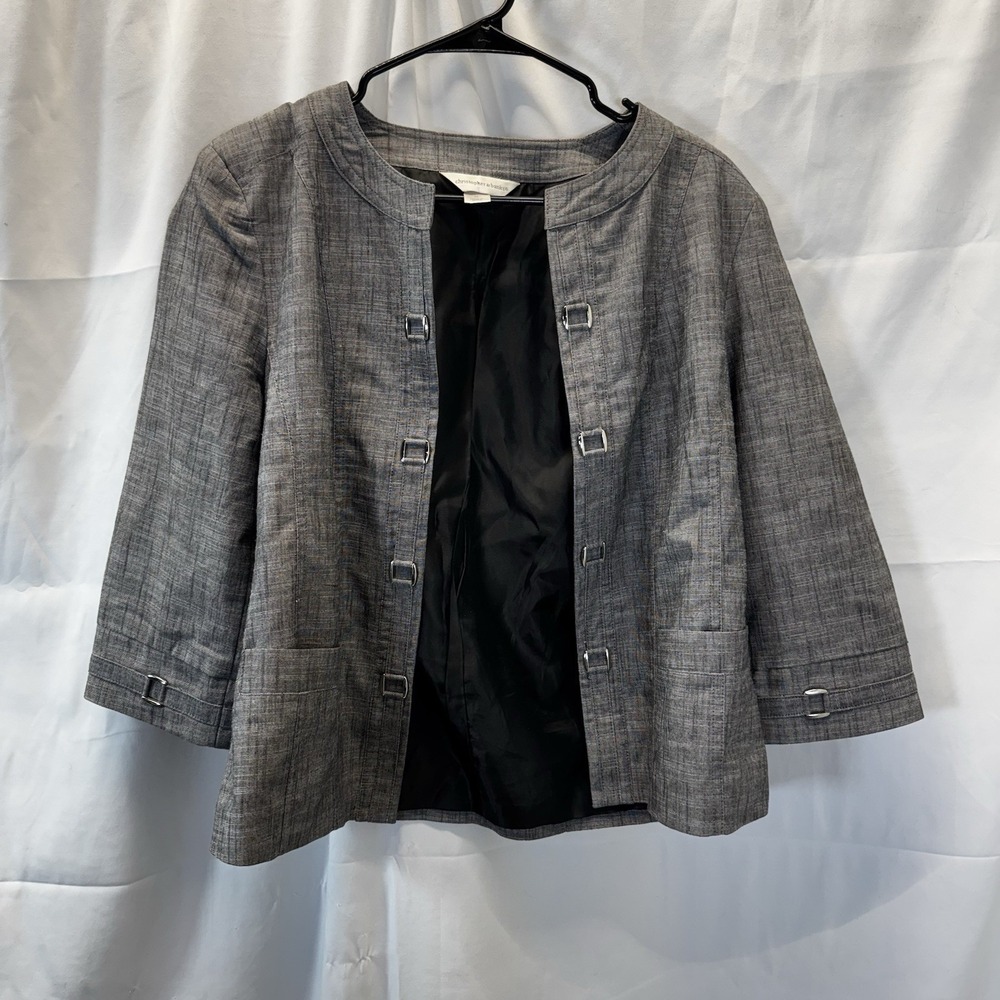 Christopher And Banks Womans Blazer Jacket Size M Gray 3/4 Sleeves Open Front